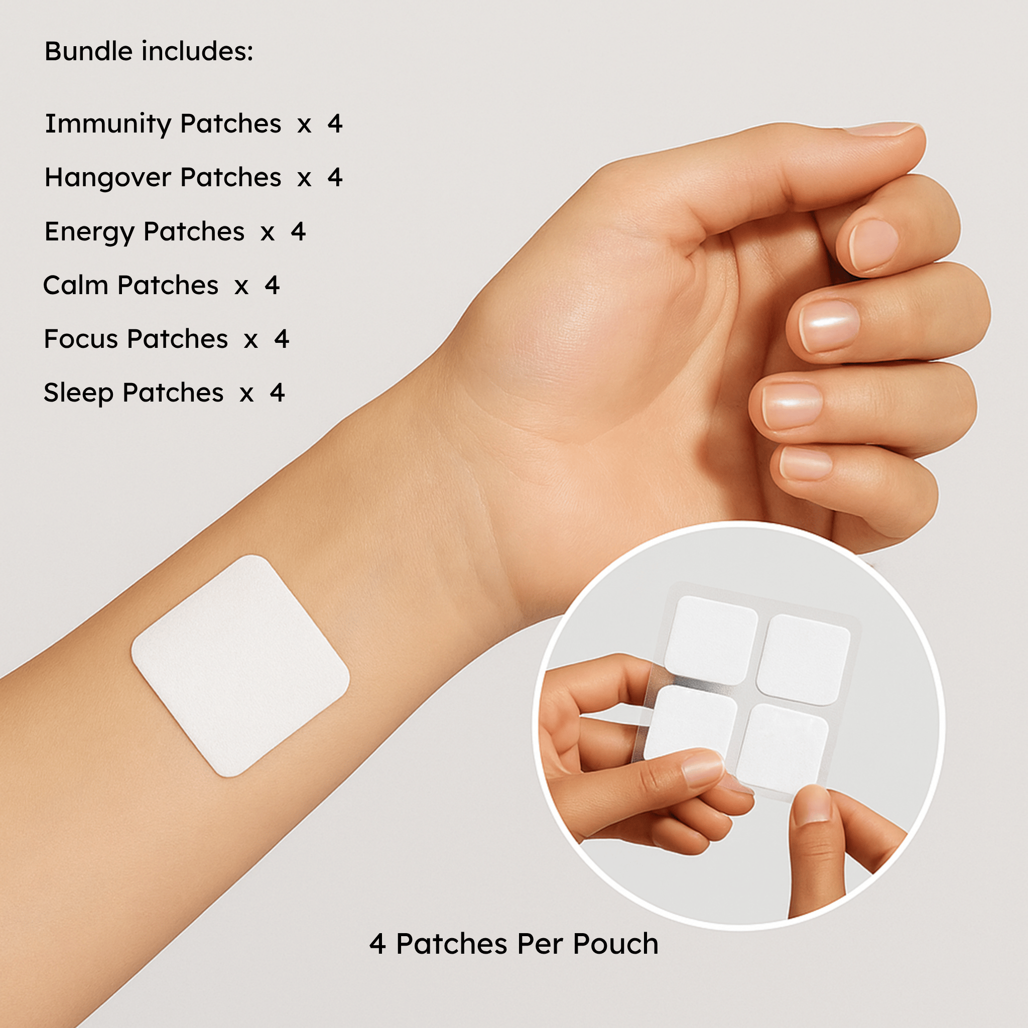 An infographic image showing what topical patches are included in the variety pack