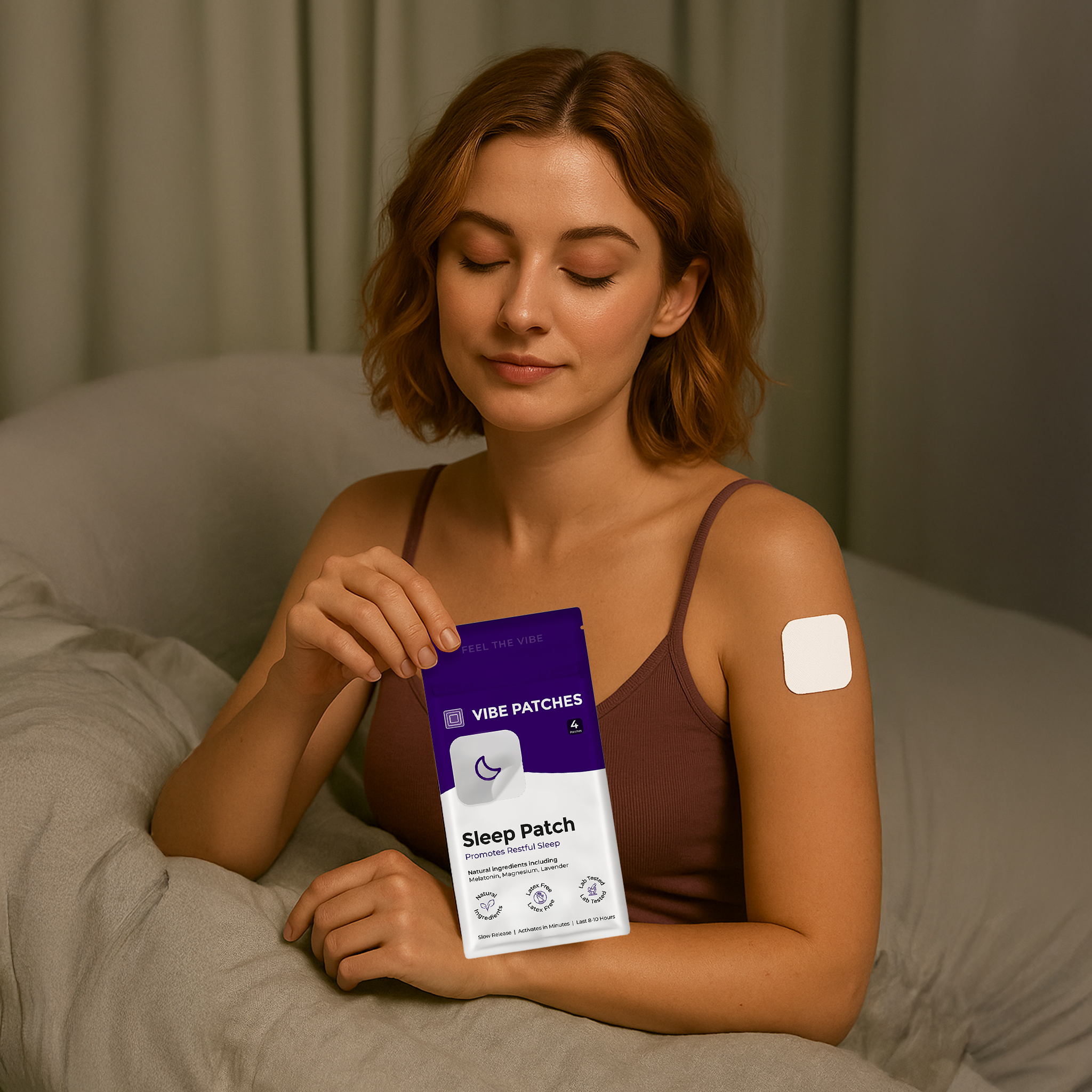 An image of a model wearing a white square patch on her bicep getting ready for bed holding up the sleep patch package