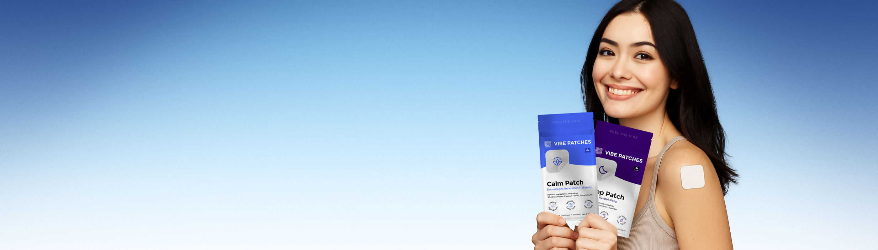 An image of a model holding up patches and wearing a topical patch on her shoulder